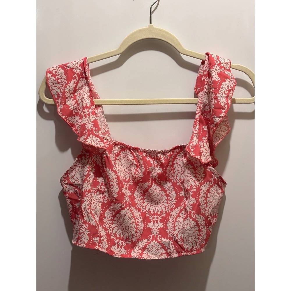 Pink White Floral Crop Top Size L Chest 30" Length 7" Barbie Princess Ruffles